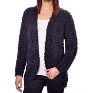 Kensie Black Soft Open Front Faux Fur Eyelash Fuzzy Cardigan Sweater